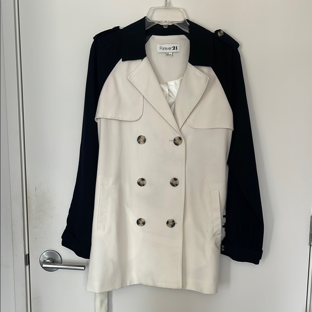 Forever 21 Black and White Trench Coat with Modern Color Blocking